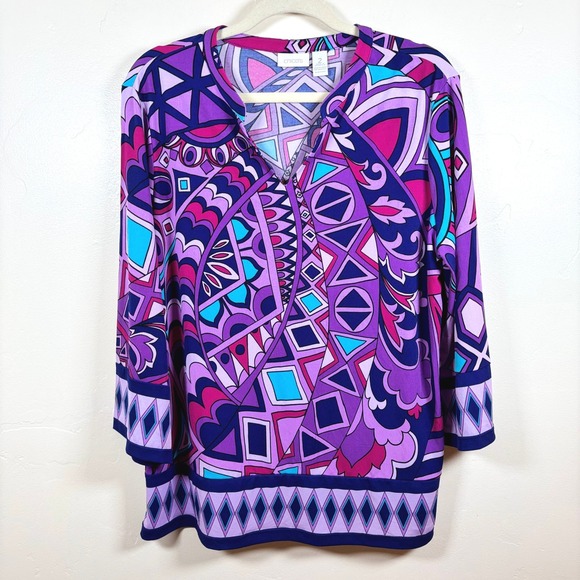 Chico's Geometric Print Split Neck Tunic Top Women's 2/L Stretch Bold Artsy Mod - Picture 1 of 8